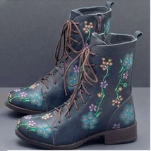 Fashion Women Pu Leather Ankle Boots Winter Women Embroidery Flower Boots Outdoo - £40.09 GBP