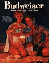 1960 Budweiser Beer Ad Sexy women Couple Beach Picnic Hotdogs &amp; Bud d1 - £16.91 GBP