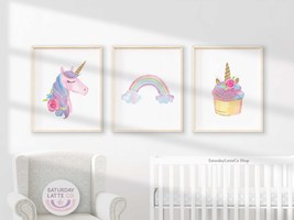 Set of 3 Prints Rainbow Unicorn Cupcake Wall Arts, Unicorn Party Decor |... - £7.06 GBP