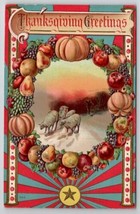 Thanksgiving Greeting Wreath Of Fruit Sheep In Snow Postcard V22 - £6.69 GBP