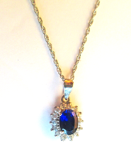 NEW Silver Chain Necklace w Oval Synthetic Blue Sapphire &amp; Rhinestone Pe... - $11.87