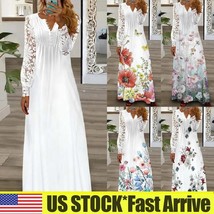  Women V-Neck Lace Long Sleeve Maxi Dress Ladies Floral Print Beach Long Dresses - £30.06 GBP