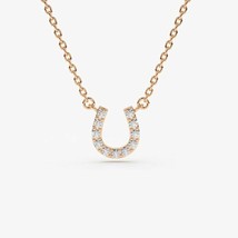 Simulated Diamond Rose Gold Plated Silver Mini Lucky HorseShoe Charm Necklace - £49.15 GBP