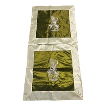 Set of 2 Vintage Thai Silk Cushion Covers | Green &amp; Ivory Appliqué Dance... - $19.80