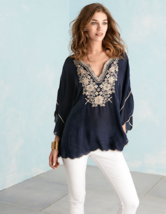 Johnny Was Sz M Poncho Tunic Top Navy Georgette Embroidered Kimono Shirt - £62.12 GBP