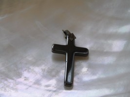 Vintage Simple Carved Hematite CROSS Pendant w Abstract Silvertone Flower Bail – - £6.75 GBP