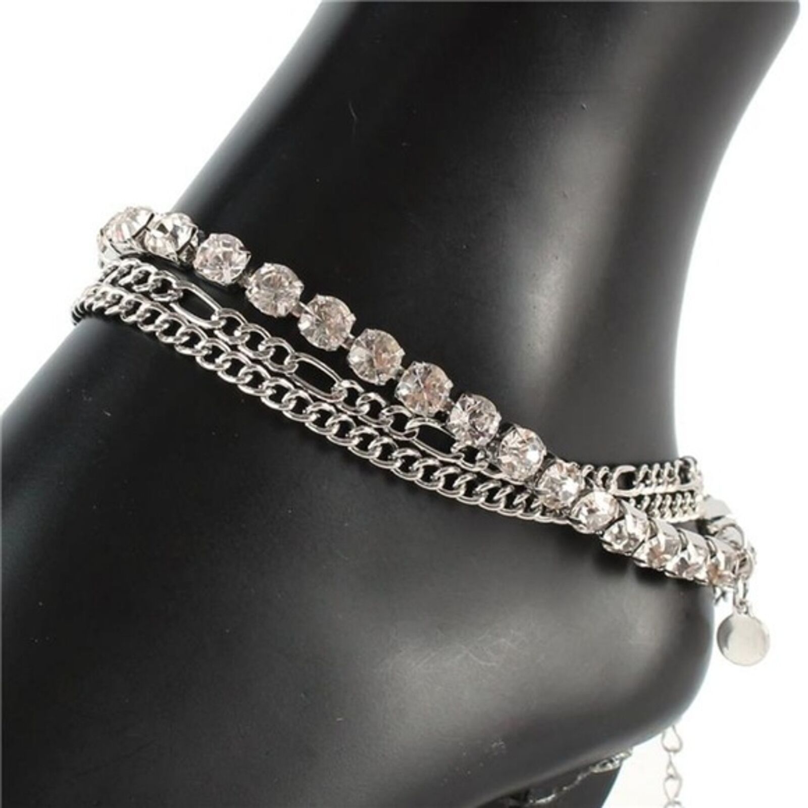 Primary image for Silver Rhinestone Crystal Chain Link Butterfly Pendant 3 Layered Anklet Metal