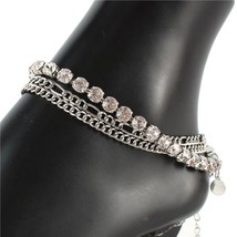 Silver Rhinestone Crystal Chain Link Butterfly Pendant 3 Layered Anklet ... - $25.74