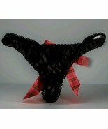 Victoria&#39;s Secret Black Lace Thong w/Plaid Ribbon Bow In Back - $57.42