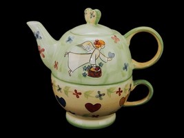 Stackable Cup and Teapot Set, Mesa International, Green Angel w/Hearts &amp; Flowers - £15.12 GBP