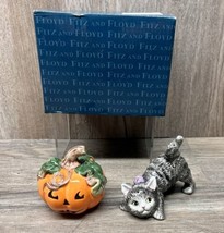 Fitz and Floyd Halloween Salt &amp; Pepper Shakers Kitty Cat Pumpkin Retired in Box - £14.21 GBP