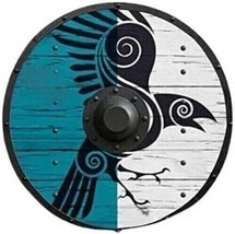 Medieval Wooden Viking Shield Armor Painted Raven Design Handmade round shield - £85.14 GBP