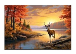 Whitetail Deer by the Lake at Sunset in Autumn Forest-Wall Decor-Fun Giclee - £7.58 GBP+