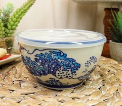 Ebros Set of 2 Ceramic Hokusai Great Wave Portion Meal Bowls 2 Cups W/ Lid - £22.74 GBP