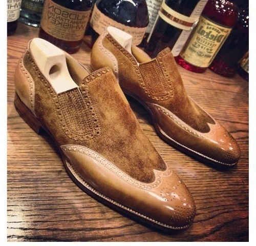 NEW Handmade Brown Suede Leather Shoes, Men's Wing Tip Slip On Loafers Dress Sho