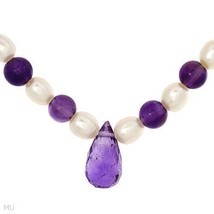 22.80ctw Genuine Purple AMETHYST &amp; PEARL 14K Yellow GOLD Gemstone 18&quot; Necklace - £135.32 GBP