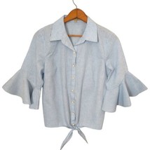 Democracy Gingham Top XS Shirt Bell Sleeve Tie Front Prairie Cottage Cotton Blue - £19.45 GBP