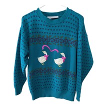Vintage Kate Collins Made in USA Teal Sweater with Embroidered Geese and... - $28.80