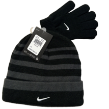 NWT NIKE GREY/black striped acrylic hat &amp; glove set, boy&#39;s size 8-20 - £14.98 GBP