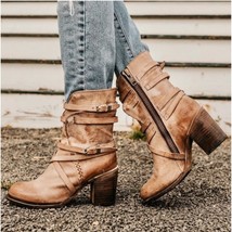 Retro Ankle Boots Square Heel Round Head Zipper Large Size Spring Autumn Women&#39;s - £58.61 GBP