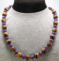 Genuine Tiger Eye and Amethyst Necklace - Gifts for Men/Women - 14mm and 10mm Be - £31.51 GBP