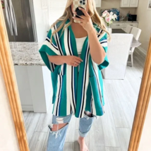 Free People One Size Poncho Striped Hooded Open Knit Kimono Pockets Gree... - $60.81