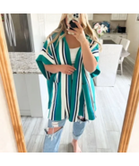 Free People One Size Poncho Striped Hooded Open Knit Kimono Pockets Gree... - $1,152.62 MXN