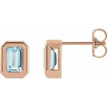 14k Rose Gold Sky Blue Topaz Emerald Cut Solitaire Stud Earrings - £299.43 GBP