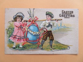 Easter Glitter Postcard Antique 1900&#39;s Children Carrying Easter Egg - £11.98 GBP