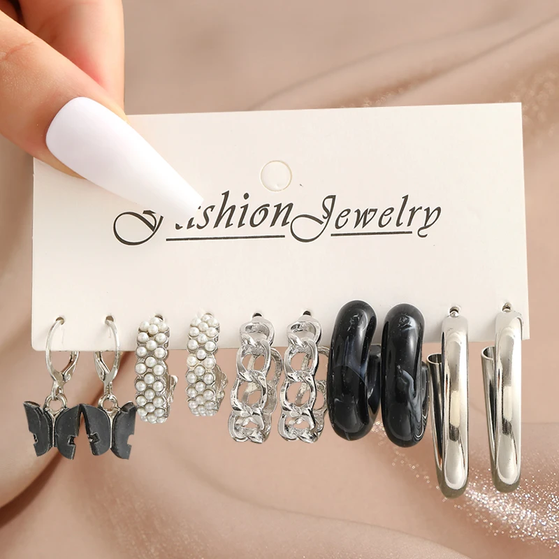 Pearl Silver Color Dangle Earrings Set Butterfly Acrylic Hollow Drop Earrings fo - £12.87 GBP