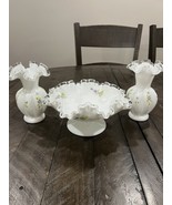Fenton Silver Crest Violets In The Snow Double Crimp Compote Vases Set S... - $174.80 CAD