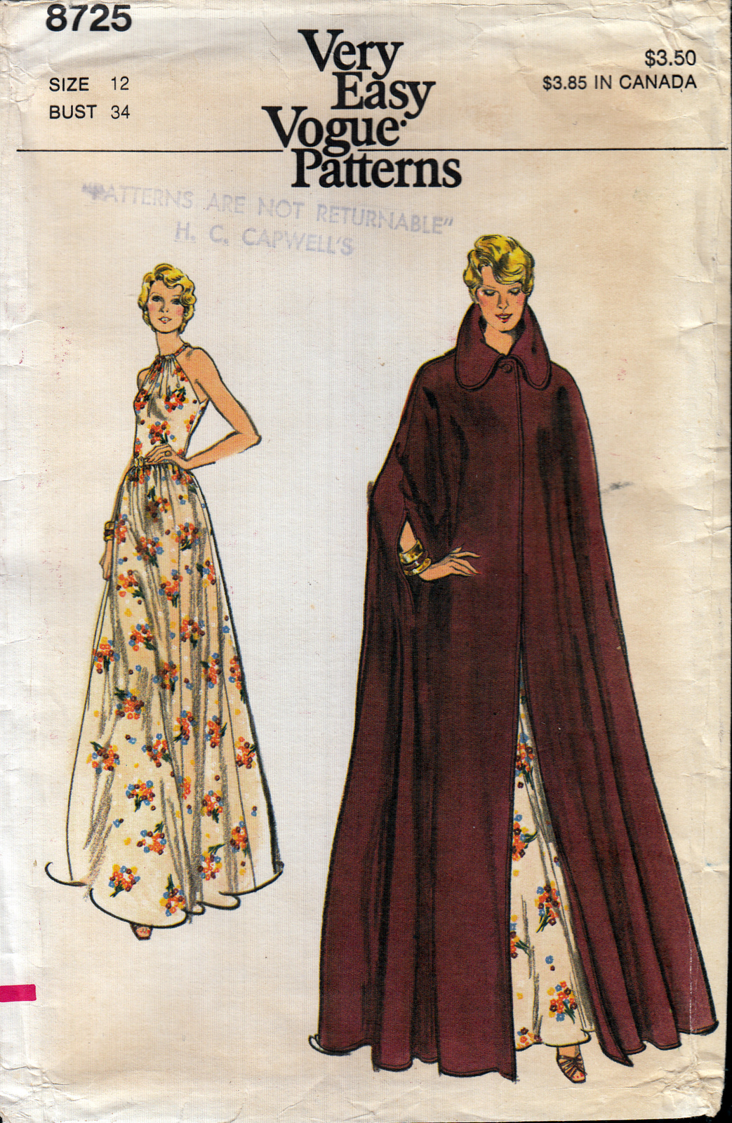 Vintage Very Easy Vogue 8725 Summer Evening Dress & Long Cape Coat Uncut Bust 34 - $18.00