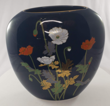 Vintage Toyo Vase Yamaji Japan Flowers Hand Painted Midnight Blue Floral - $25.77