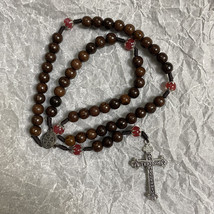 Catholic Rosary featuring black wooden beads and red gemstone beads, Wood Bead - £23.90 GBP