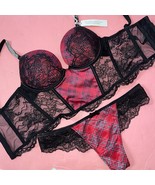 Victoria's Secret 32A,32B,34A,34B BOMBSHELL BRA SET RED BLACK Plaid SHINE STRAP - $79.19