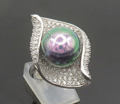 925 Silver - Vintage Wrapped Faux Pearl &amp; Sparkly Topaz Shell Ring Sz 6- RG24497 - $86.29