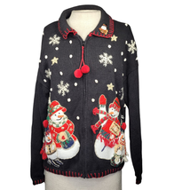 Snowman Christmas Zip Front Embellished Sweater Size Medium - £27.37 GBP