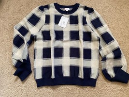 NWT Lularoe L Large Piper Balloon Sleeved Sweater Blue Gray Ringer Plaid - £17.80 GBP