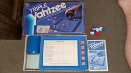 Triple Yahtzee Game Milton Bradley 1991 Vintage Dice Game Red Dice Flocked Tray - $19.75