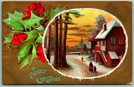 A Merry Christmas Holly Berries Icile Frame Winter Cabin Embossed DB Postcard H4 - £4.63 GBP