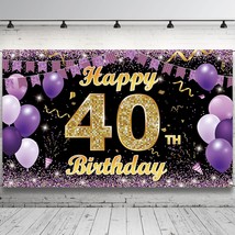 40 Birthday Decorations Backdrop Banner, Purple Gold Happy 40Th Birthday Decorat - £19.17 GBP