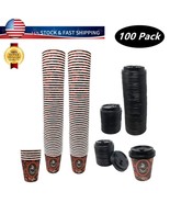 100 Pack Quality Disposable Paper Hot Coffee Tea Cups with Lids- 8oz  US... - $22.76