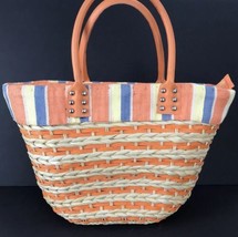 Sun and Sand Straw Fabric Tote Bag Large Orange Rivets Lined Beach Shoulder - £23.50 GBP