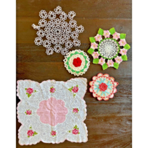 Vintage Crocheted Doilies And Pink Floral Handkerchief Set Of 5 - $19.79