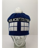 Police Public Call Box Beanie Pom Winter Hat Doctor Who BBC Blue Excellent - $29.51 CAD