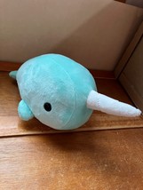 Gently Used Super Cute Bellzi Plush Aqua &amp; White w Gray Horn NARWHAL Stuffed A - £9.02 GBP