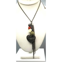 Vintage Hearts and Flowers Charm Pendant Necklace on Long Silver Tone Rolo Chain - £30.16 GBP