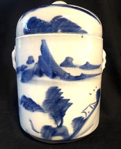Primitive Asian China Hand Painted Blue &amp; White Handles Jar Seascape  PET RESCUE - £56.83 GBP