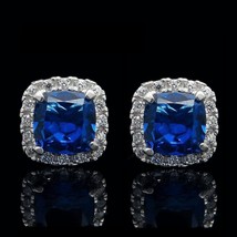 1 CT Cushion Simulated Sapphire Halo Diamond Earrings 14K White Gold Plated - £51.00 GBP