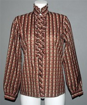 Vtg JOYCE Dark Brown Brick Red Stripes Ruffle Collar Front Blouse Wm&#39;s 8... - £19.17 GBP